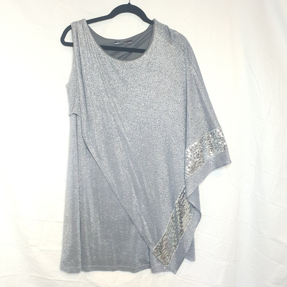 Kitty‎ Silver Metallic Asymmetrical Dress Large Sequin Wedding Party Holiday